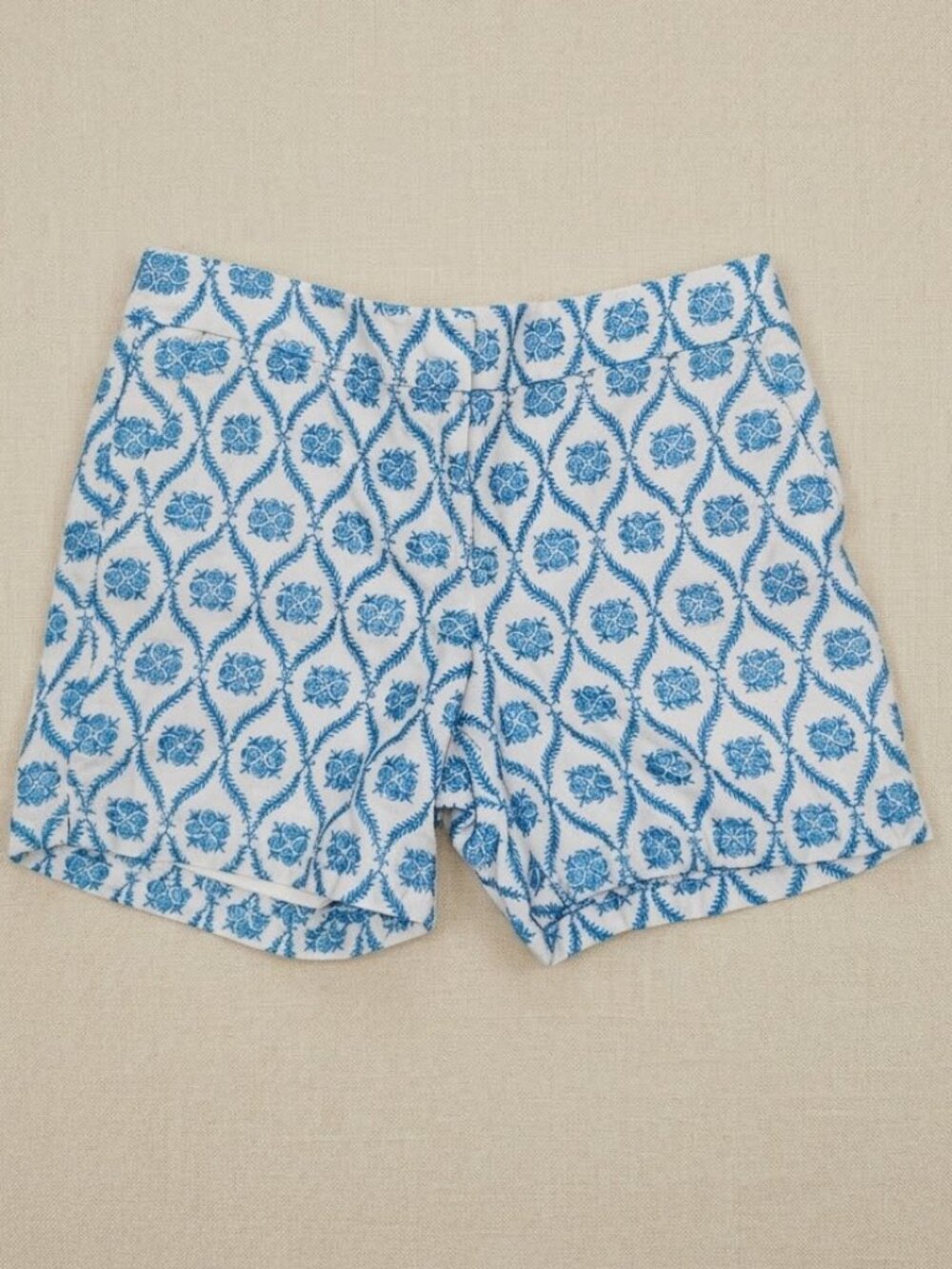 Loft Linen Light Cream Blue Embroidered Pattern Shorts Sz 8 Preppy Boho lined